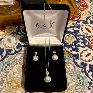 Kay Jewelers Pearl silver earrings & necklace set NWOT